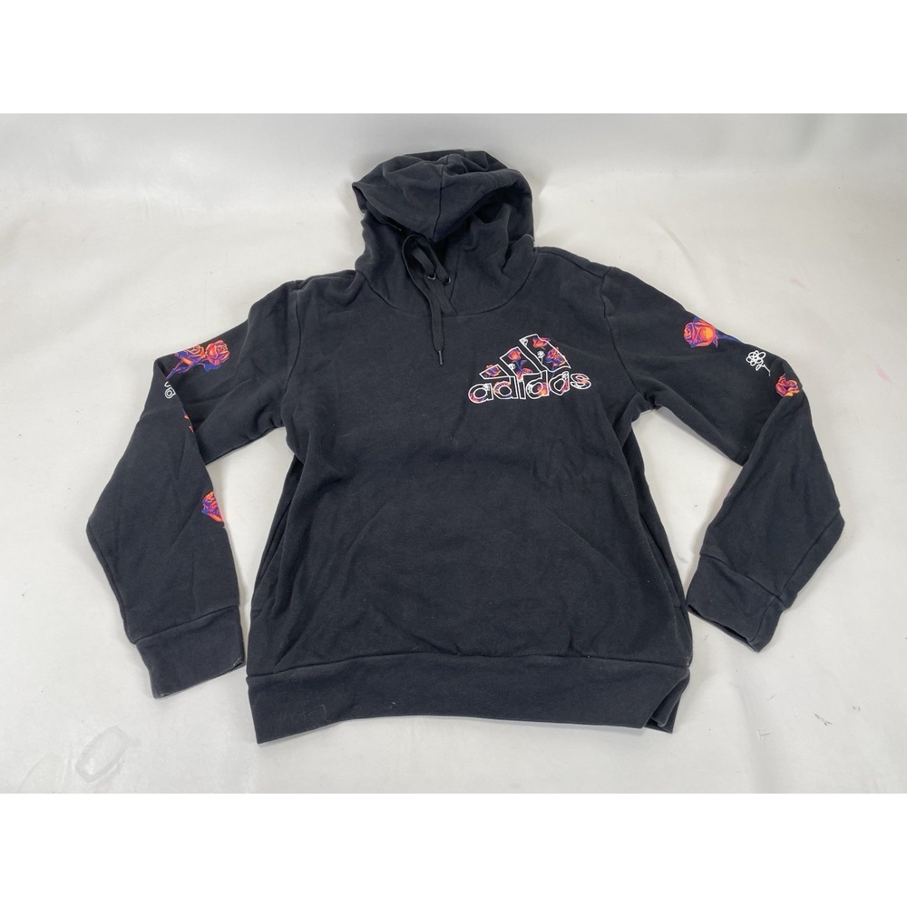 Adidas Logo Hoodie Womens Size S Black Floral Roses